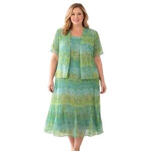 NWT DANNY AND NICOLE Womens 18 2pc Set Dress & Jacket Georgette Green Geo Print